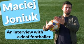 Graphic for an interview with Maciej Joniuk, a deaf soccer player. On the left side the caption: 