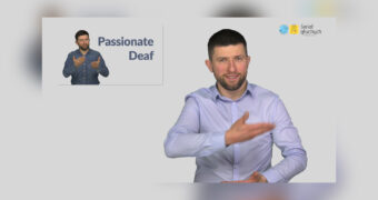 Graphics. A light gray background. On the right, Maciej Joniuk waving to the camera. On the top right, the logo of the World of the Deaf Foundation. On the left, a thumbnail from the video starting the 