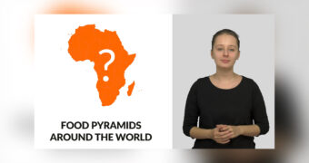 Thumbnail for the video in Polish Sign Language. On the left, an orange illustration of the African continent with a white question mark in the middle. Below it, the text reads: 'Food Pyramids Around the World.' On the right, a picture of a young woman — Elżbieta Zarębska explaining the topic