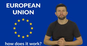 Graphics for the film in sign language. On the left, the flag of the European Union - 12 yellow stars on a blue background, forming a circle. Above and below the flag, the inscription: 