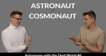 In the graphic, we see the same person, Jakub Malik, in two roles - in two people who talk to each other in sign language. Above them, in the center, an inscription: Astronaut or cosmonaut. Astronomy with the Deaf World #6