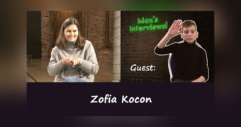 Graphic for the interview in Polish Sign Language. On the left, Zofia Kocon; on the right, the presenter, 12-year-old Maks Garman. In the background, the caption: 