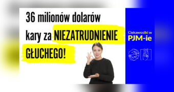Grafika do filmu w polskim języku migowy (PJM). Po prawej stronie niebieski pionowy pasek, a na nim żółty napis: 