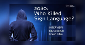 Graphic for an interview in Polish Sign Language (PJM). Dark navy background. On the left side, a figure with their back turned, hands behind their back, wearing a dark hoodie with the hood up. On the right side, a white text: 