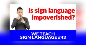 Graphic for a video from the series on the Polish Sign Language. White background. On the left, a young woman, Joanna Huczyńska, hosting the episode. On the right, a black-red caption: 