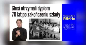 Grafika do filmu informacyjnego w polskim języku migowym. Po prawej stronie na niebieskim tle żółty napis: 