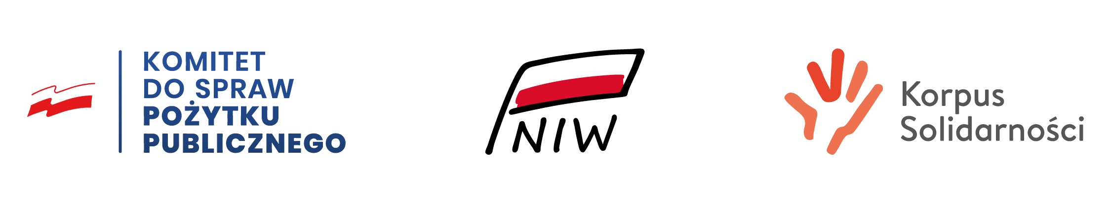 Plik graficzny. Załącznik do projektu „Migiem na Wolontariat”. Trzy loga, od lewej: logo z niebieskim napisem „Komitet do spraw pożytku publicznego” oraz — oddzielona od napisu niebieską pionową kreską — flaga polski. Następnie logo: czarny kontur flagi z czerwoną dolną połową, poniżej czarny napis: NIW. Następnie logo pomarańczowo-czerwona grafika przypominająca otwarta dłoń, a obok czarny napis: Korpus Solidarnościowy.