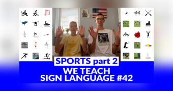 Graphics for the video on learning Polish Sign Language. In the center, there is a photo of teenage brothers - Maks and Dawid Garman, who are hosting this episode. Both boys are sitting in a room and waving towards the camera. Next to them, in the graphic, various sports disciplines and equipment are drawn. At the bottom, there are captions: 